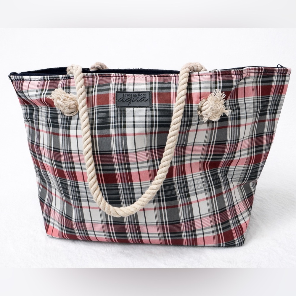La Vie en Rose Aqua Plaid Rope Handle Tote / Beach Bag